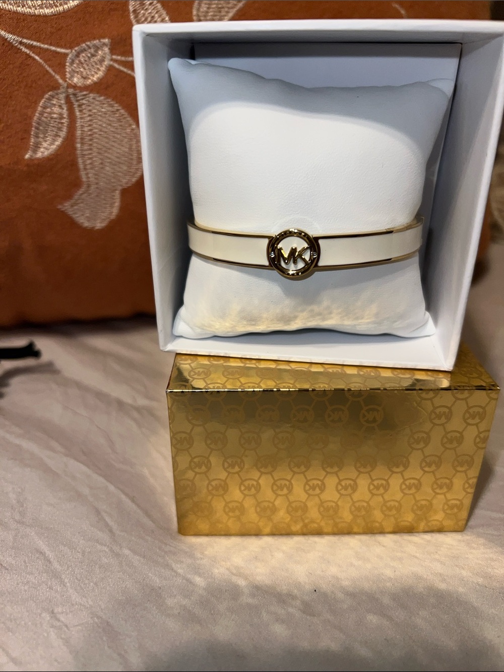 Michael Kors Cream Enamel MK Logo Bangle with Gold-Tone Accents